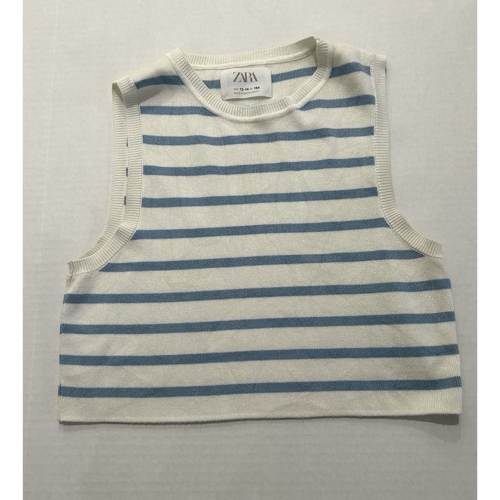 Zara Juniors Sleeveless Mini Sweater Cropped Striped Blue & White. Size 13-14